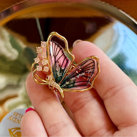 Eye Candy LA Jewelry - Beautiful Gold Butterfly Cocktail Ring with Pink and Green Enamel Accents
